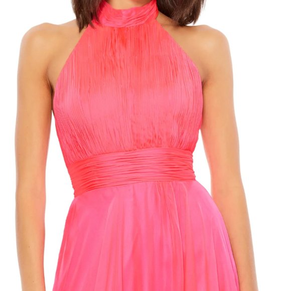 MAC DUGGAL 67816 HIGH NECK CHIFFON HALTER HOT PINK GOWN sz 16 - Picture 3 of 8